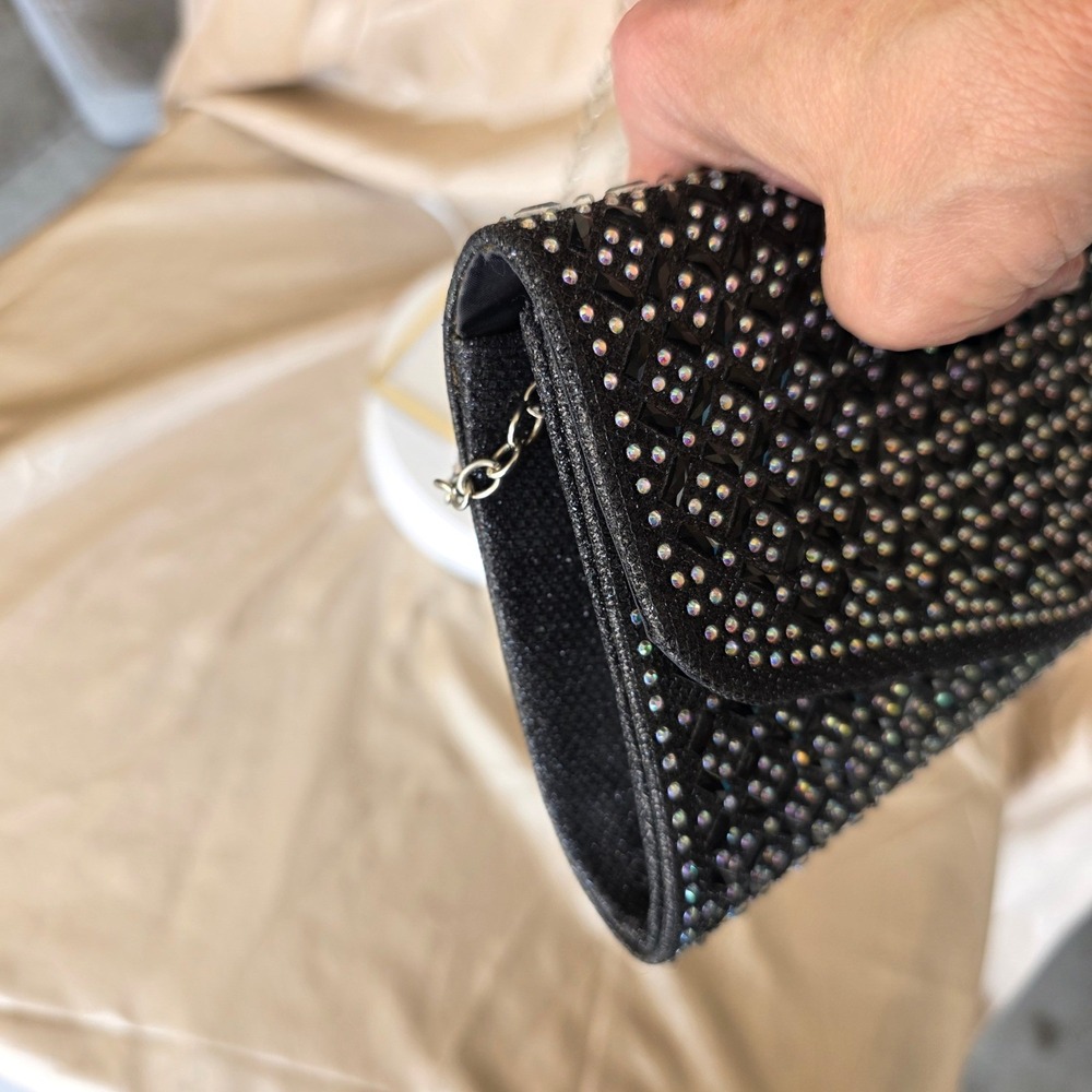 Black Iridescent Rhinestone Evening Clutch Bag with Silver Chain Strap Formal - Picture 7 of 10